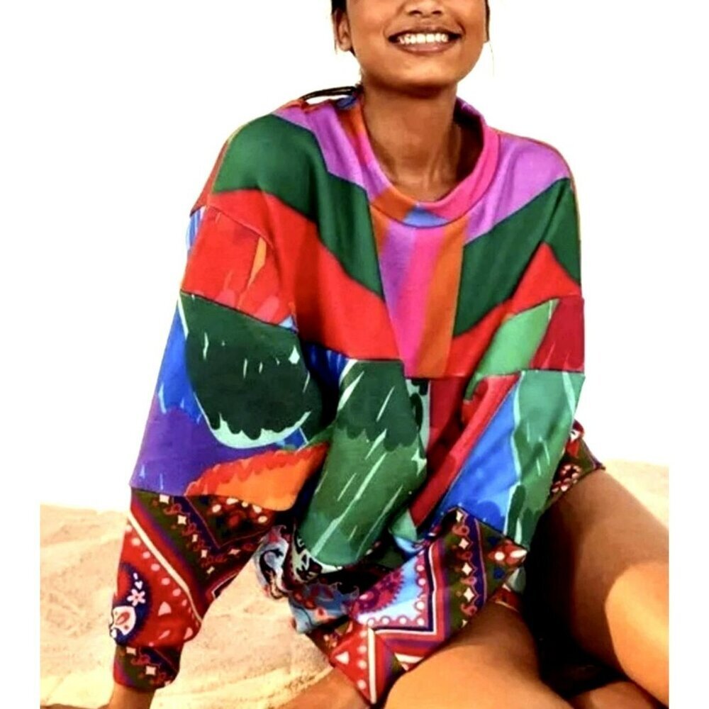 Farm Rio Colorful Oversized Scuba Sweatshirt Mixed Red Prints Small New